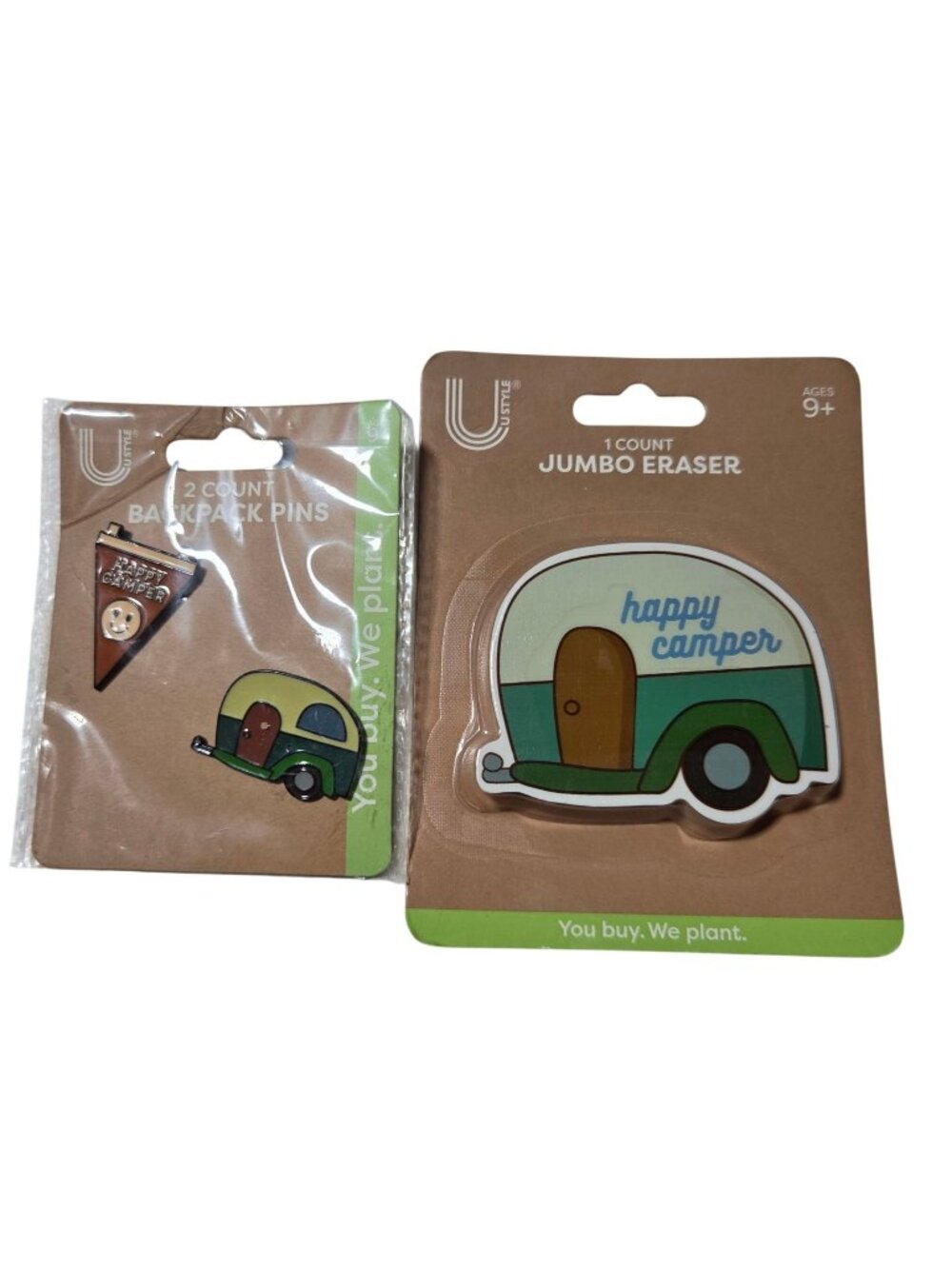 Happy Camper Jumbo Eraser 2 Backpack Pins Gift Set Back to School Summer Camp